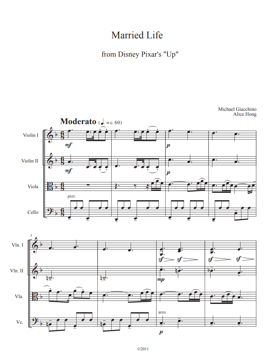Married Life from UP Disney Pixar String Quartet Arrangement Sheet